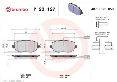 Гальмівні колодки, дискове гальмо (набір) BREMBO P23127