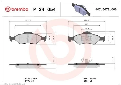 Гальмівні колодки, дискове гальмо (набір) BREMBO P24054