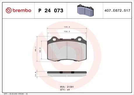 Гальмівні колодки, дискове гальмо (набір) BREMBO P24073