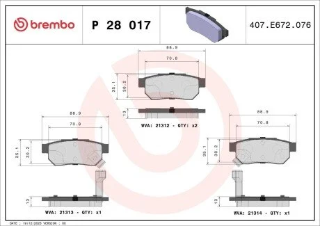 Гальмівні колодки, дискове гальмо (набір) BREMBO P28 017