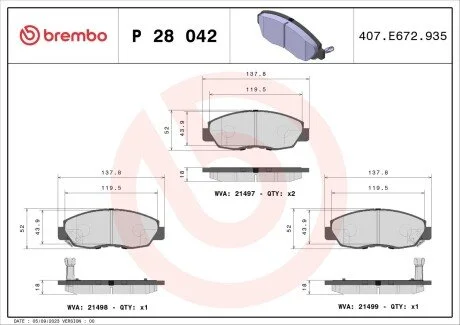 Гальмівні колодки, дискове гальмо (набір) BREMBO P28042