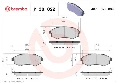 Гальмівні колодки, дискове гальмо (набір) BREMBO P30022