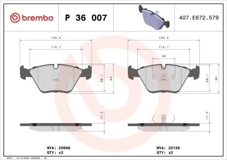 Гальмівні колодки, дискове гальмо (набір) BREMBO P36007 (фото 1)