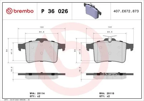 Колодки тормозные дисковые, к-кт. BREMBO P36026