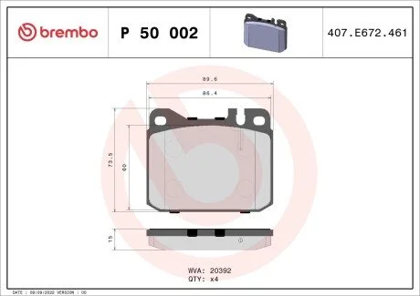 Гальмівні колодки, дискове гальмо (набір) BREMBO P50002