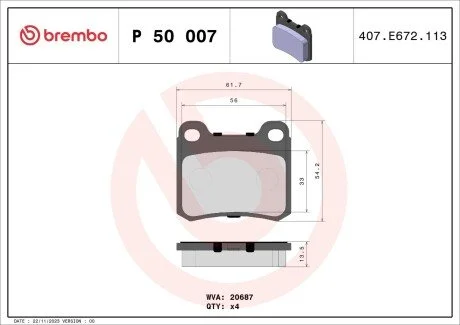 Гальмівні колодки, дискове гальмо (набір) BREMBO P50007 (фото 1)