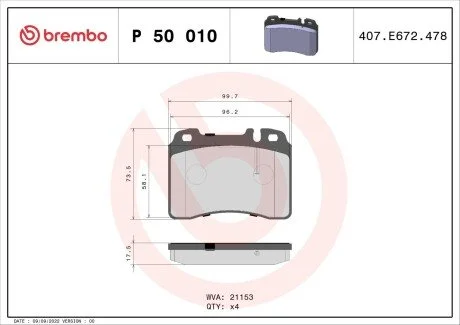 Гальмівні колодки, дискове гальмо (набір) BREMBO P50010