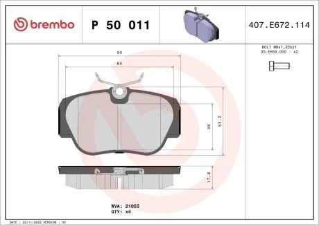Гальмівні колодки, дискове гальмо (набір) BREMBO P50011