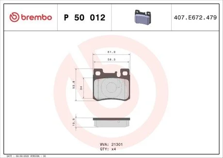 Гальмівні колодки, дискове гальмо (набір) BREMBO P50012