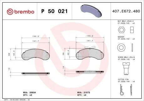 Гальмівні колодки, дискове гальмо (набір) BREMBO P50021