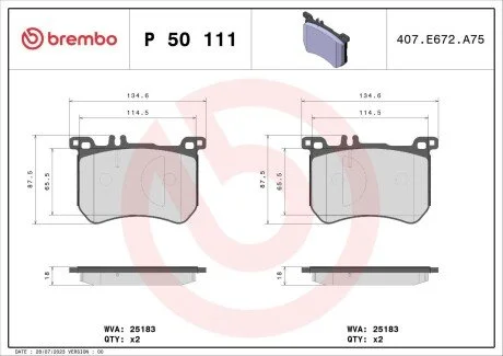 Колодки тормозные дисковые передние BREMBO P50111