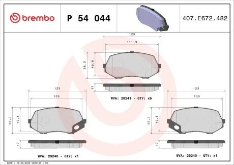 Гальмівні колодки, дискове гальмо (набір) BREMBO P54044