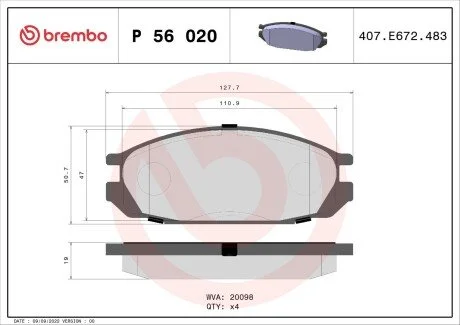 Гальмівні колодки, дискове гальмо (набір) BREMBO P56020
