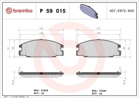Гальмівні колодки, дискове гальмо (набір) BREMBO P59015
