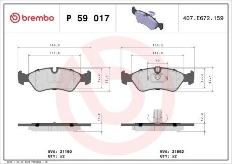Гальмiвнi колодки к-кт. BREMBO P59 017