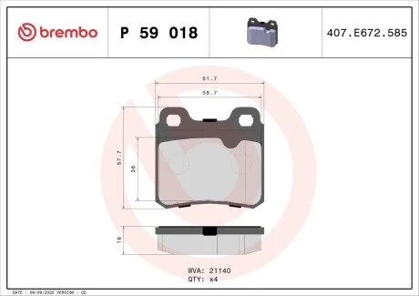Гальмівні колодки, дискове гальмо (набір) BREMBO P59018