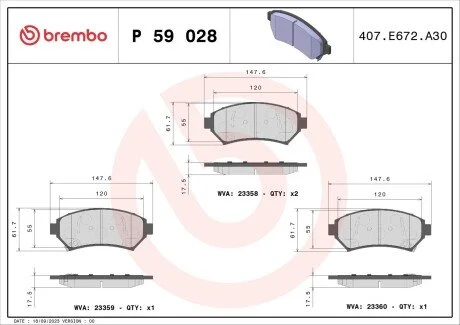 Гальмівні колодки, дискове гальмо (набір) BREMBO P59028 (фото 1)