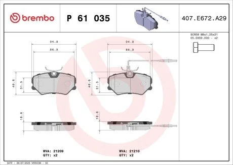 Гальмівні колодки, дискове гальмо (набір) BREMBO P61035