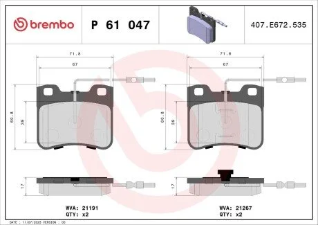Гальмівні колодки, дискове гальмо (набір) BREMBO P61047