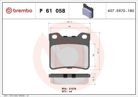 К-кт зад. гальм. колодок (без датч.) Peugeot 406/605/607 96- BREMBO P61058