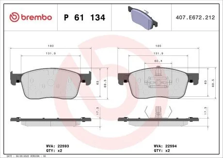 Тормозные колодки дисковые BREMBO P61 134