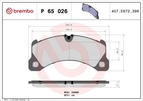 Тормозные колодки BREMBO P65 026