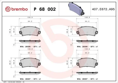 Гальмівні колодки, дискове гальмо (набір) BREMBO P68002