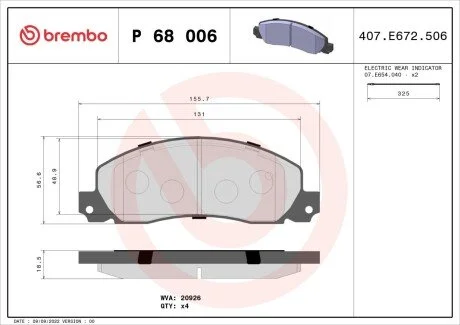 Гальмівні колодки, дискове гальмо (набір) BREMBO P68006