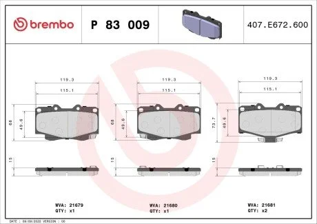 Гальмівні колодки, дискове гальмо (набір) BREMBO P83009