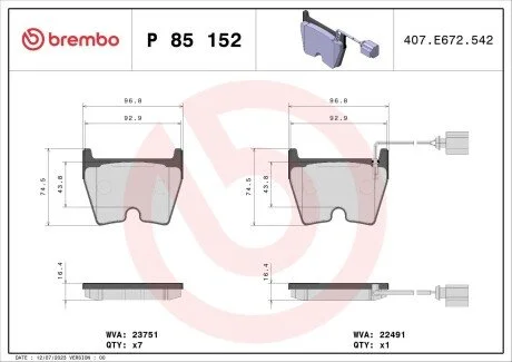 Гальмівні колодки (набір) BREMBO P85152
