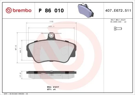 Гальмівні колодки, дискове гальмо (набір) BREMBO P86010