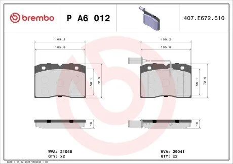 Гальмівні колодки, дискове гальмо (набір) BREMBO PA6012