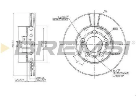 Тормозной диск перед. Golf 97-06/Bora 99-05/Octavia 97-10 (256x22) BREMSI CD6927V