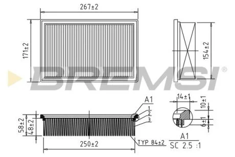 Фильтр воздушный (264x172x52.3) Ford Focus Mazda 3 03-12 BREMSI FA0130