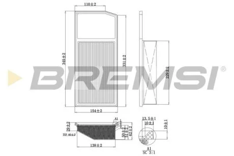 Фільтр повітряний Citroen Nemo/Peugeot Bipper 1.3HDi 10-/Opel Combo 1.3CDTi 12-/Fiat Doblo 1.3D 16- BREMSI FA0206