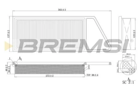 Фильтр воздушный (385x140x50) Ford Mazda PSA Toyota 1.4 HDi 02- BREMSI FA0211