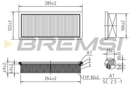 Фильтр воздушный (280x122x49.8) Fiat Panda Punto Lancia Ypsilon 1.1/1.2 99- BREMSI FA0219