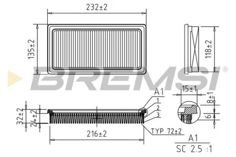 Фильтр воздушный (232x137x34) Nissan Note NV200 Qashqai Tiida 05- BREMSI FA0530
