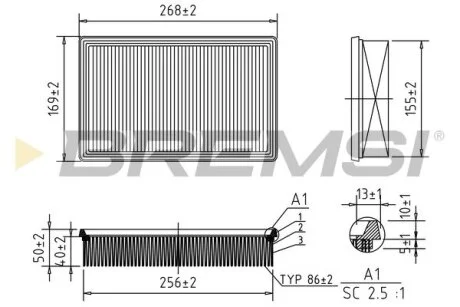 Фільтр повітряний Fiat Bravo II/Stilo 1.9JTD 01- (з паралоном) BREMSI FA0570