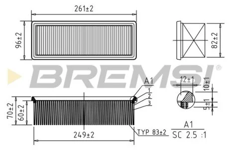 Фильтр воздушный (261x97x71) Duster Logan Sandero 1.5 dCi 10- BREMSI FA0612