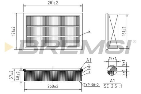 Фильтр воздушный (279x172x52.3) Ford Focus II Volvo Volvo C30 S40 V50 2.0D 04-12 BREMSI FA0651