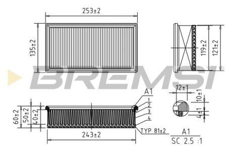 Фильтр воздушный (253x135x58) Citroen Fiat Mini Peugeot 1.6 HDi 04- BREMSI FA0652