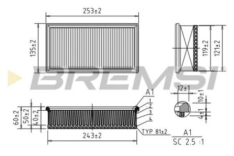 Фильтр воздушный (253x135x58) Citroen Fiat Mini Peugeot 1.6 HDi 04- BREMSI FA0652