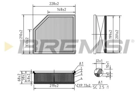 Фильтр воздушный (225x211x72.3) Volvo S60 V70 XC70 XC90 01-14 BREMSI FA1035