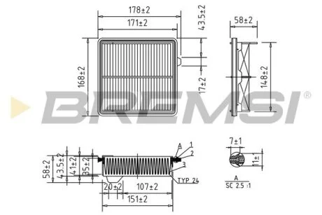 Фильтр воздушный (168x180x59) Honda Fit III Jazz 1.2-1.5 07- BREMSI FA1041