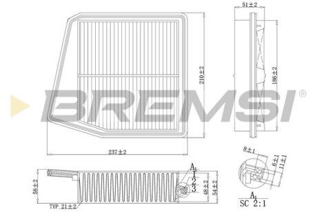 Фильтр воздушный (237x213x51) Honda Accord VIII (CU/CW) Accord IX (CR) 2.4 08- BREMSI FA1047