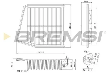 Фильтр воздушный (237x213x51) Honda Accord VIII (CU/CW) Accord IX (CR) 2.4 08- BREMSI FA1047