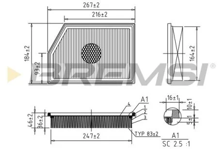 Фильтр воздушный (268x185x44) Jeep Cherokee 2.0 CRD 13- BREMSI FA1086