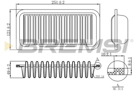 Фильтр воздушный (249x120x54) Daihatsu Great Wall Subaru Toyota 99- BREMSI FA1147