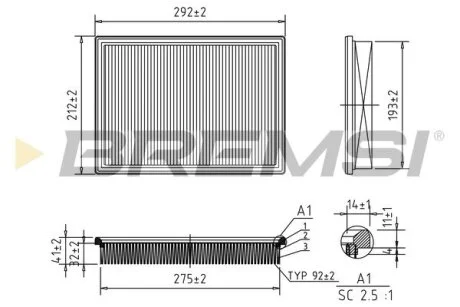 Фильтр воздушный (292x212x40.2) Jeep Cherokee Grand Cherokee 2.5-3.0 CRD 3.6-6.1 BREMSI FA1342